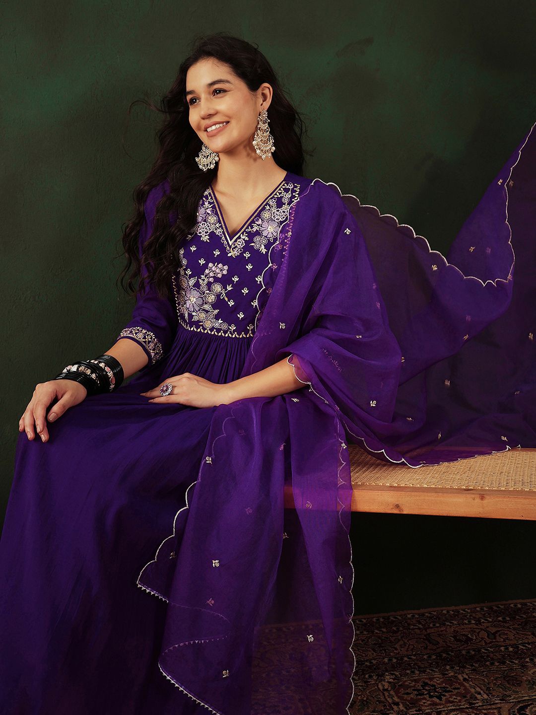 

Sangria Purple Floral Embroidered V Neck Anarkali Kurta With Trouser & Dupatta