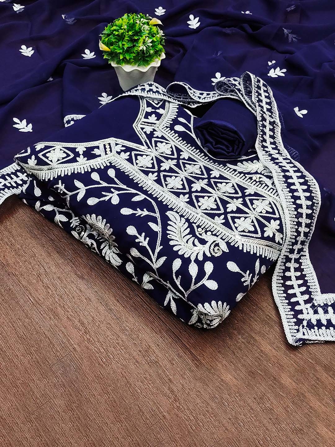 

MANVAA Floral Embroidered Unstitched Dress Material, Navy blue