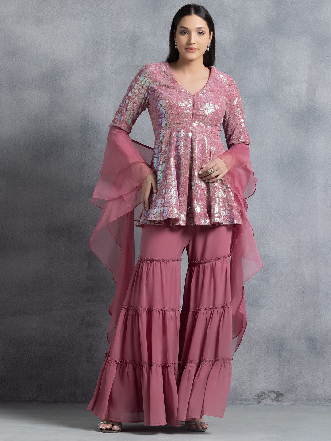 

Indya Luxe Embellished V-Neck Tunic with Palazzo & Dupatta, Pink