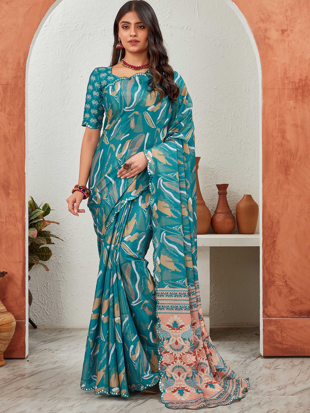 

Globon Impex Abstract Printed Mirror Work Pure Chiffon Saree, Teal