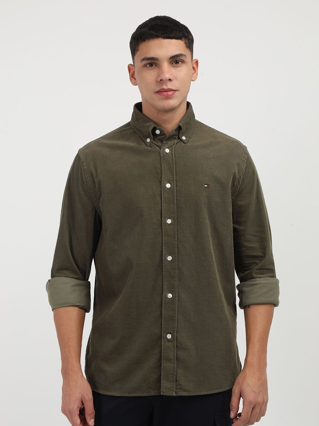 

Tommy Hilfiger Men Button-Down Collar Solid Cotton Casual Shirt, Green