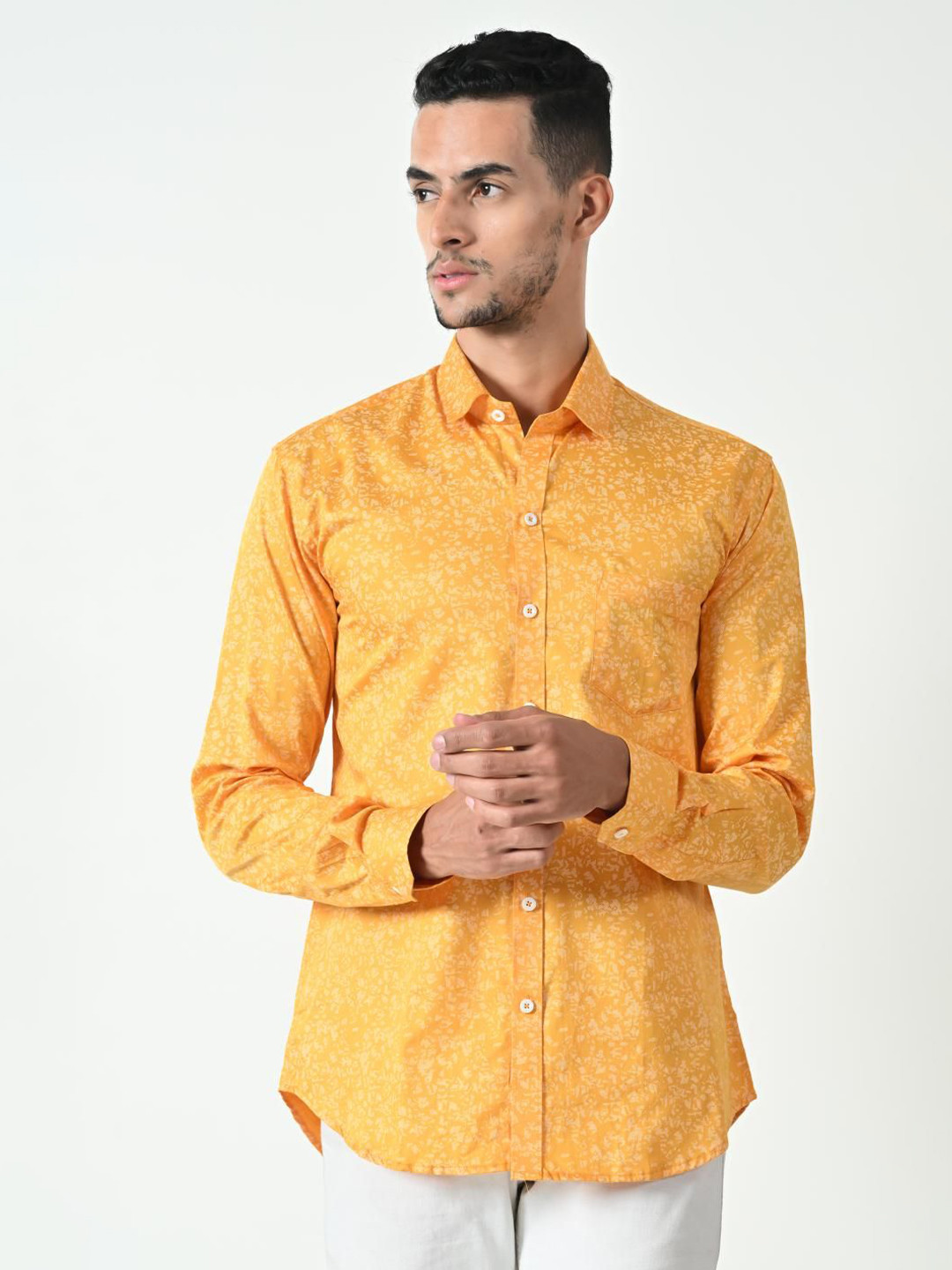

PEBCO Men Classic Spread Collar Abstract Printed Cotton Slim Fit Casual Shirt, Yellow