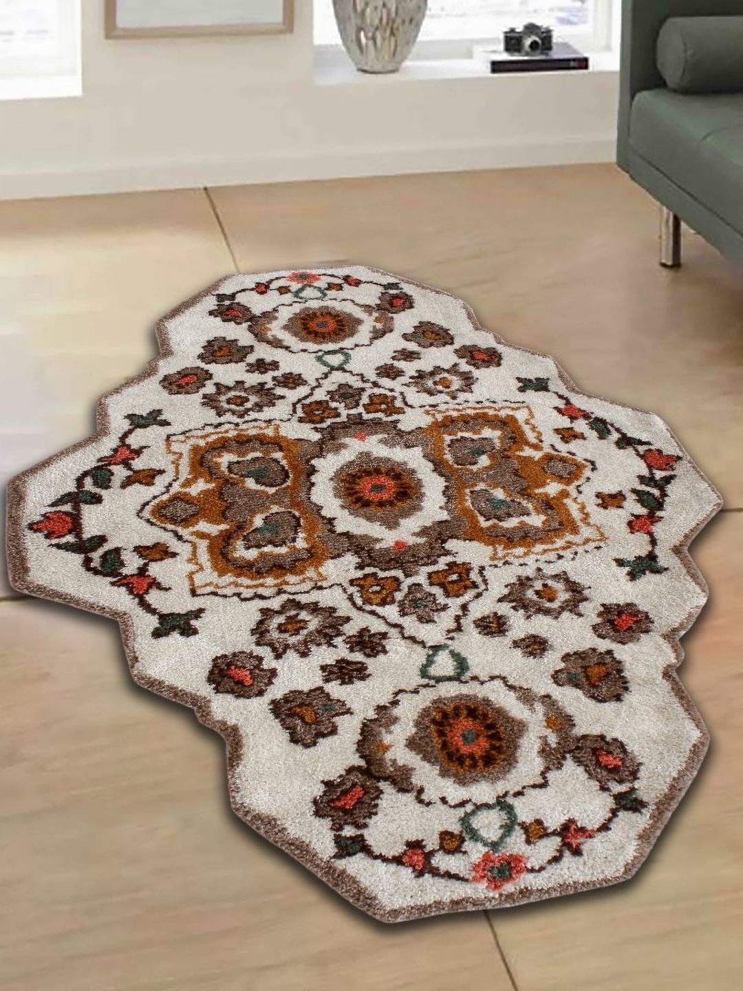 

MULTITEX Off White & Brown Floral Anti-Skid Contemporary Carpet