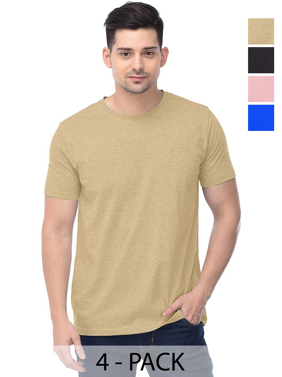 

COLOR CAPITAL Unisex Pack Of 4 Solid Round Neck Cotton T-shirts, Cream