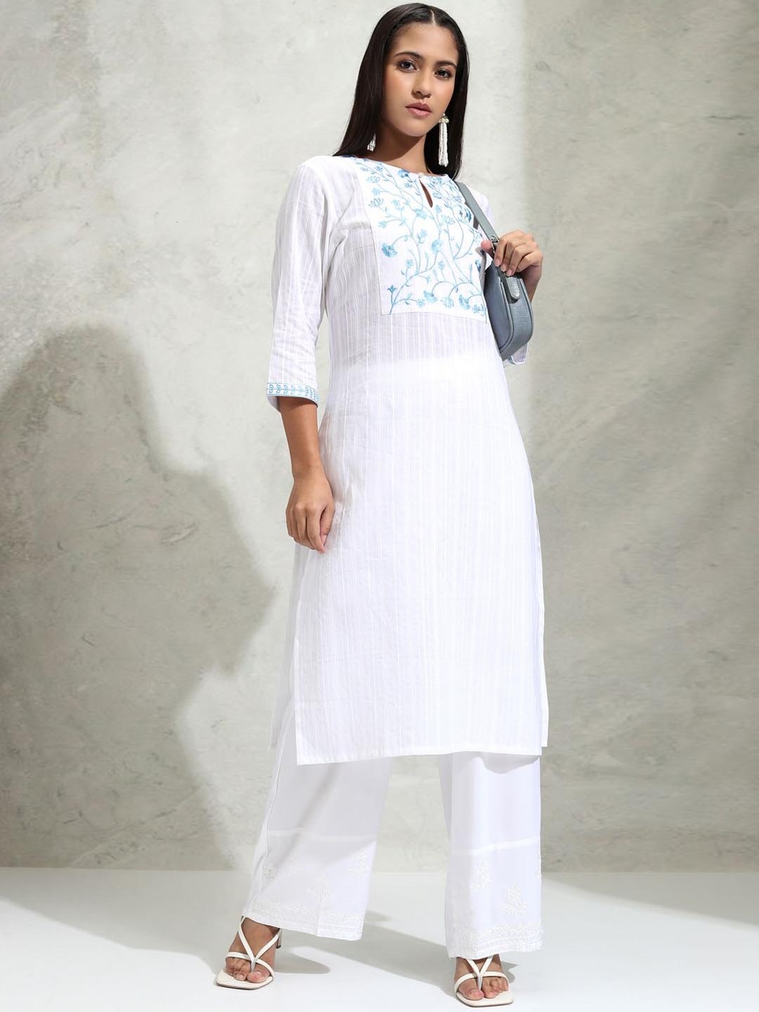 

Vishudh Floral Embroidered Keyhole Neck Cotton Straight Kurta, White