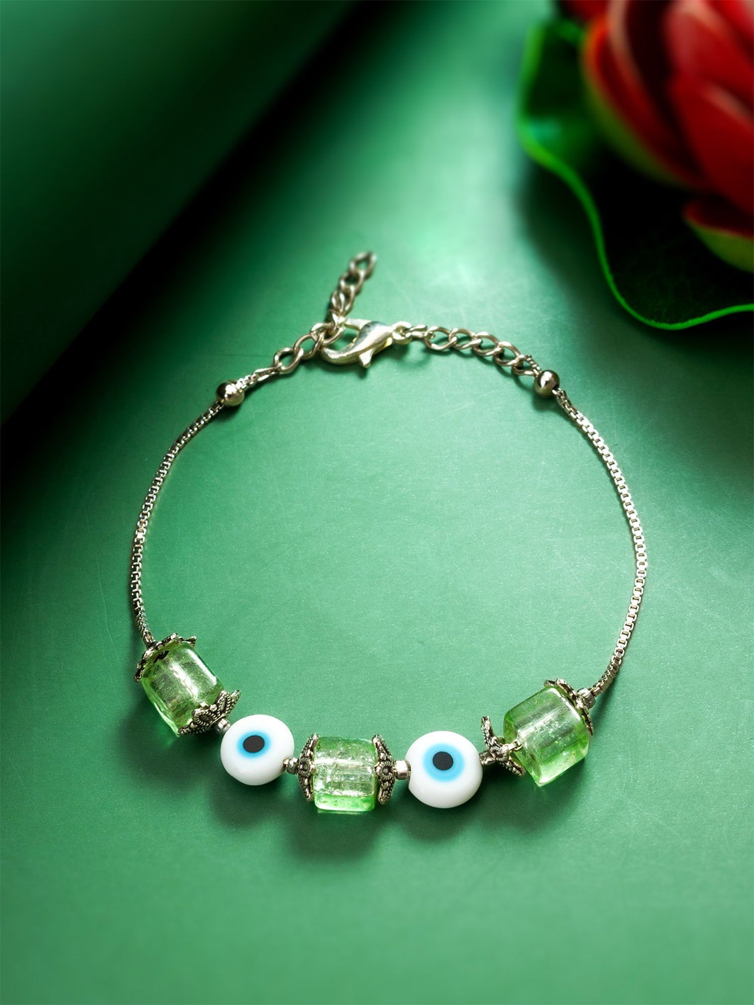 

aadita Silver Glass Pearl Evil Eye Charm Bracelet