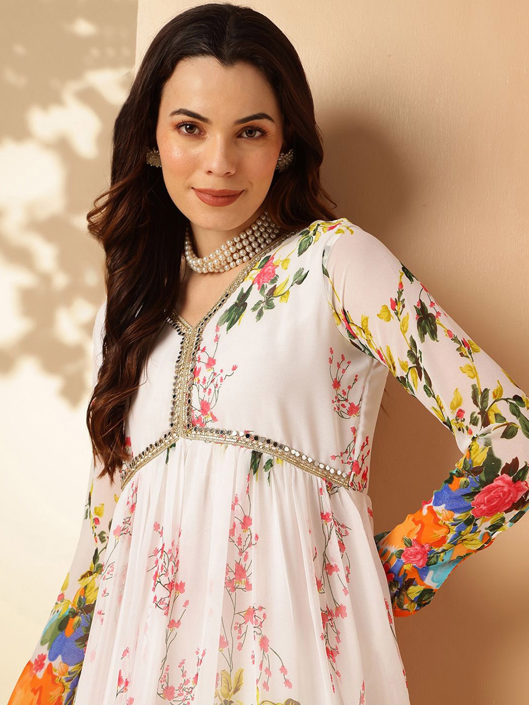 

Anouk Floral Printed V-Neck Mirror Work Anarkali Kurta with Trousers & Dupatta, White
