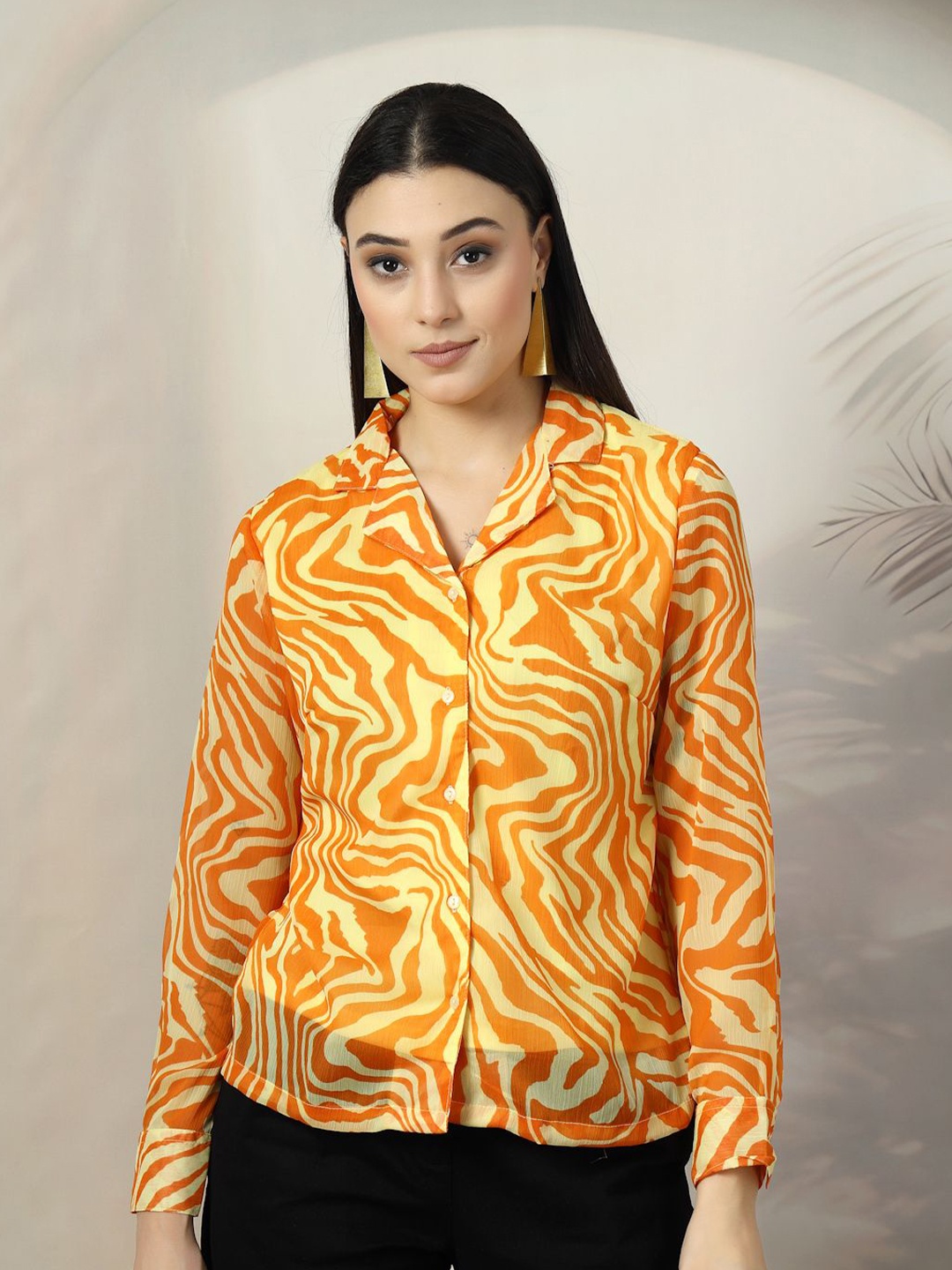 

plusS Women Standard Cuban Collar Abstract Printed Casual Shirt, Mustard