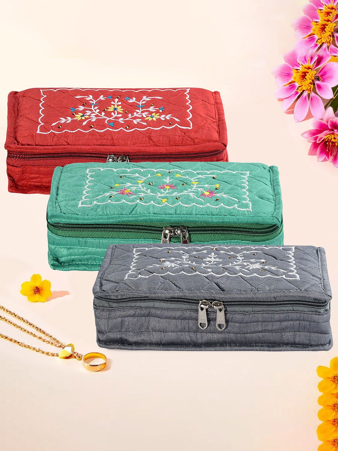 

Kuber Industries Maroon & White 3 Pcs Floral Embroidery 7 Compartments Jewellery Organiser, Grey