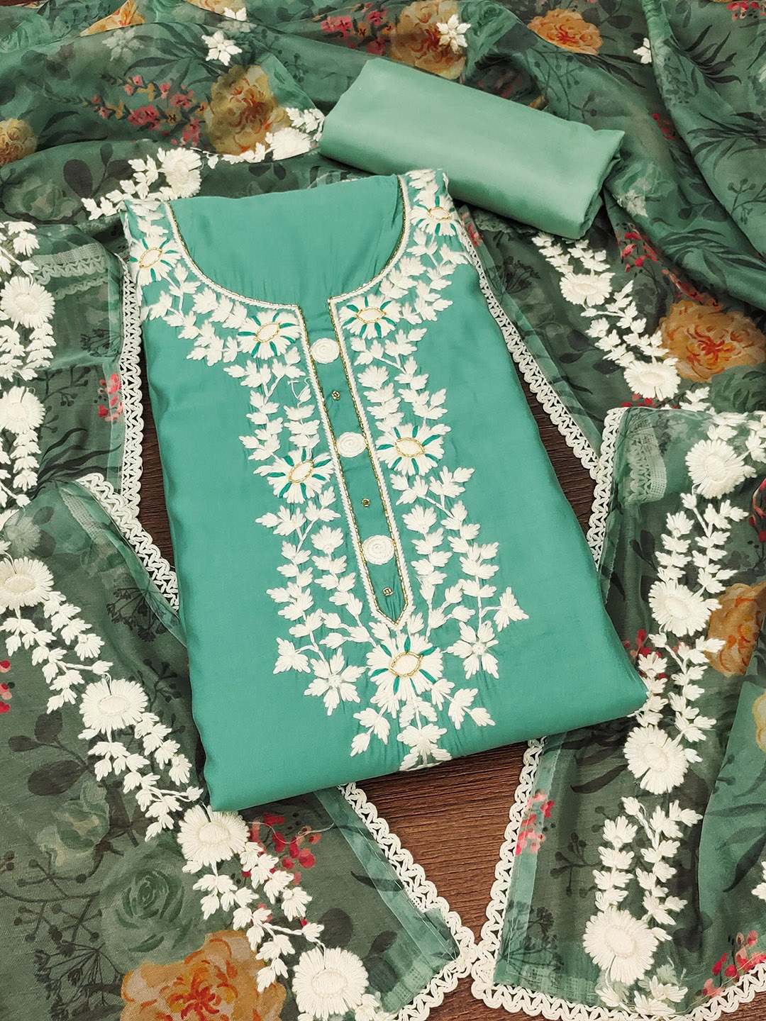 

MANVAA Floral Embroidered Beads and Stones Unstitched Dress Material, Sea green