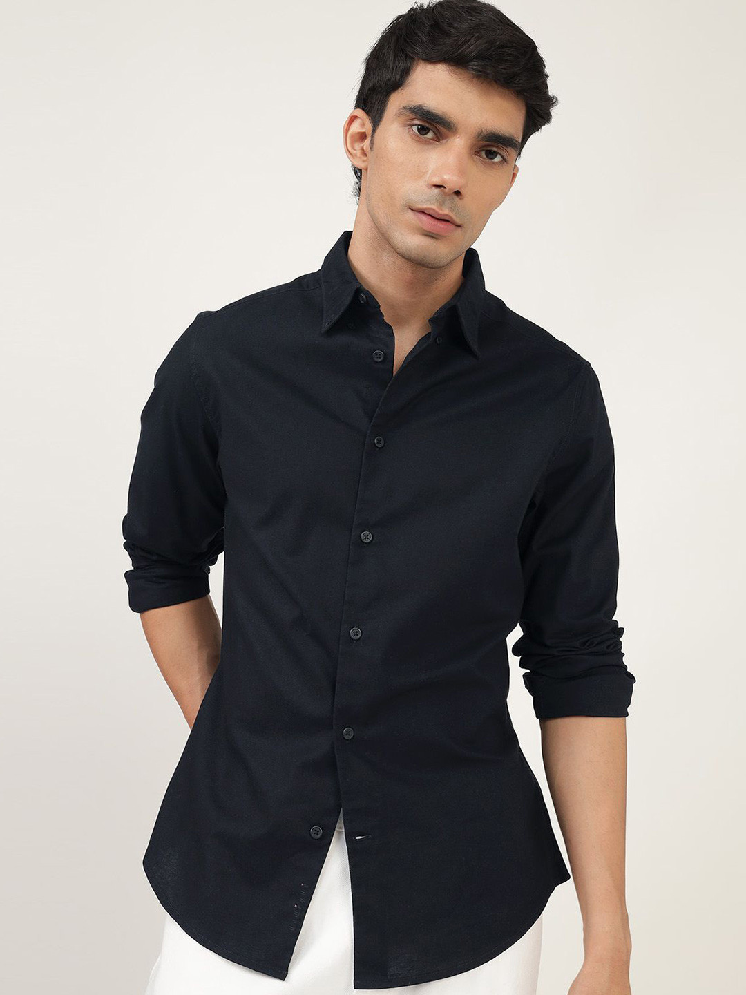 

Andamen Men Premium Button-Down Collar Solid Cotton Casual Shirt, Black