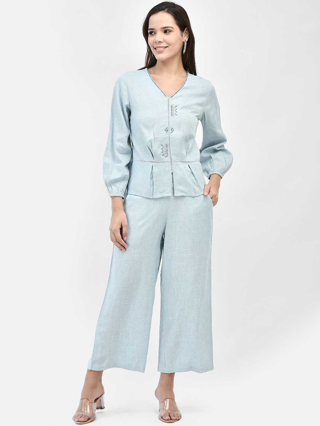 

FUTURO V-Neck Puff Sleeves Top With Trousers, Blue