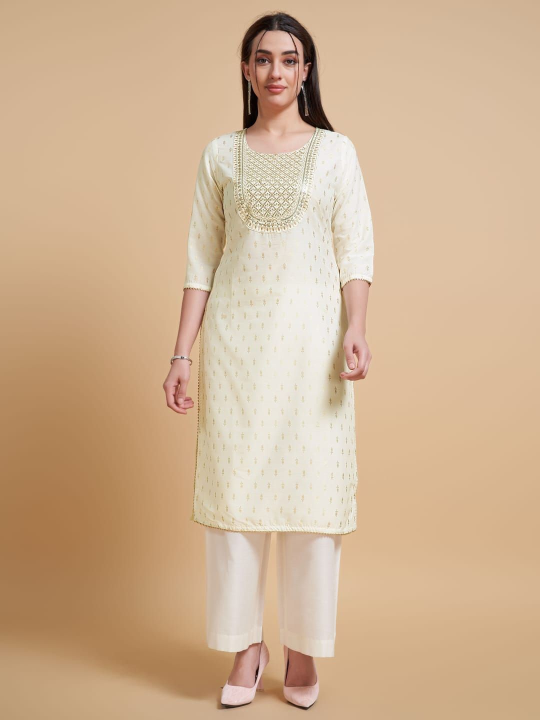 

Suha Ethnic Motifs Printed Round Neck Sequinned Straight Kurta, Off white