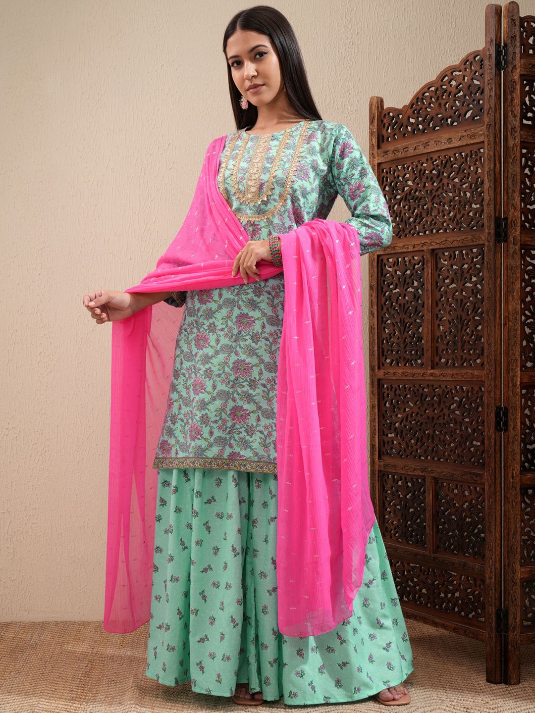 

Vishudh Pink Floral Printed Thread Work Zari Kurta With Sharara & Dupatta, Blue
