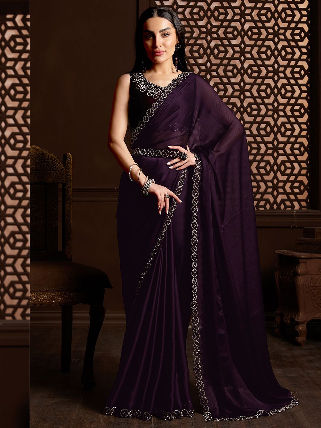 

Anouk Solid Beads and Stones Belted Sarees, Purple