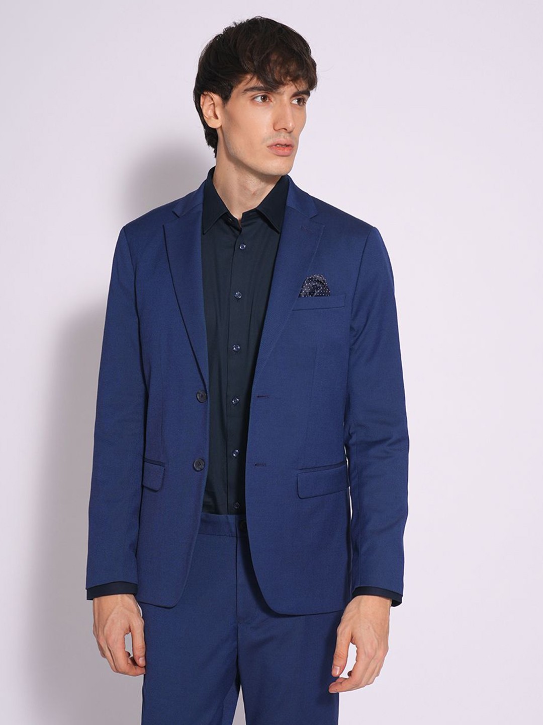 

SELECTED Men Spread Collar Solid Cotton Slim Fit Formal Shirt, Navy blue