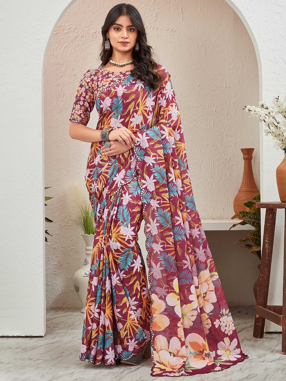 

Globon Impex Floral Mirror Work Pure Chiffon Saree, Purple