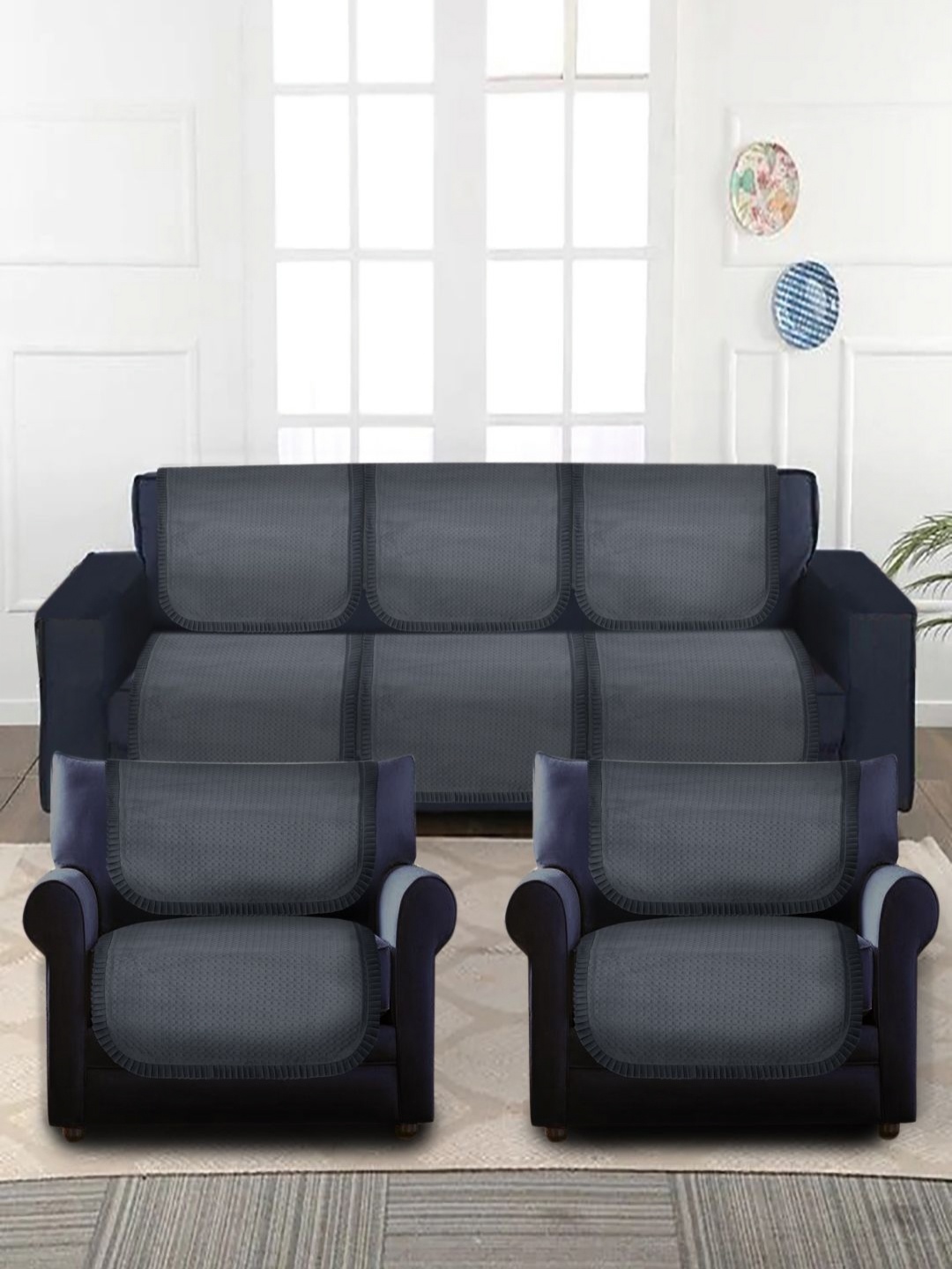 

MULTITEX Grey 6 Pieces Self Design 5 Seater Velvet Sofa Cover