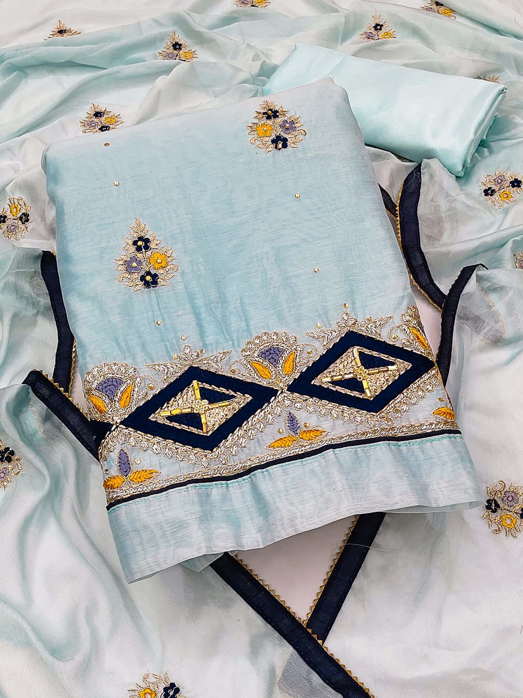 

KIMISHA Floarl Embroidered Beads & Stones Unstitched Dress Material, Blue
