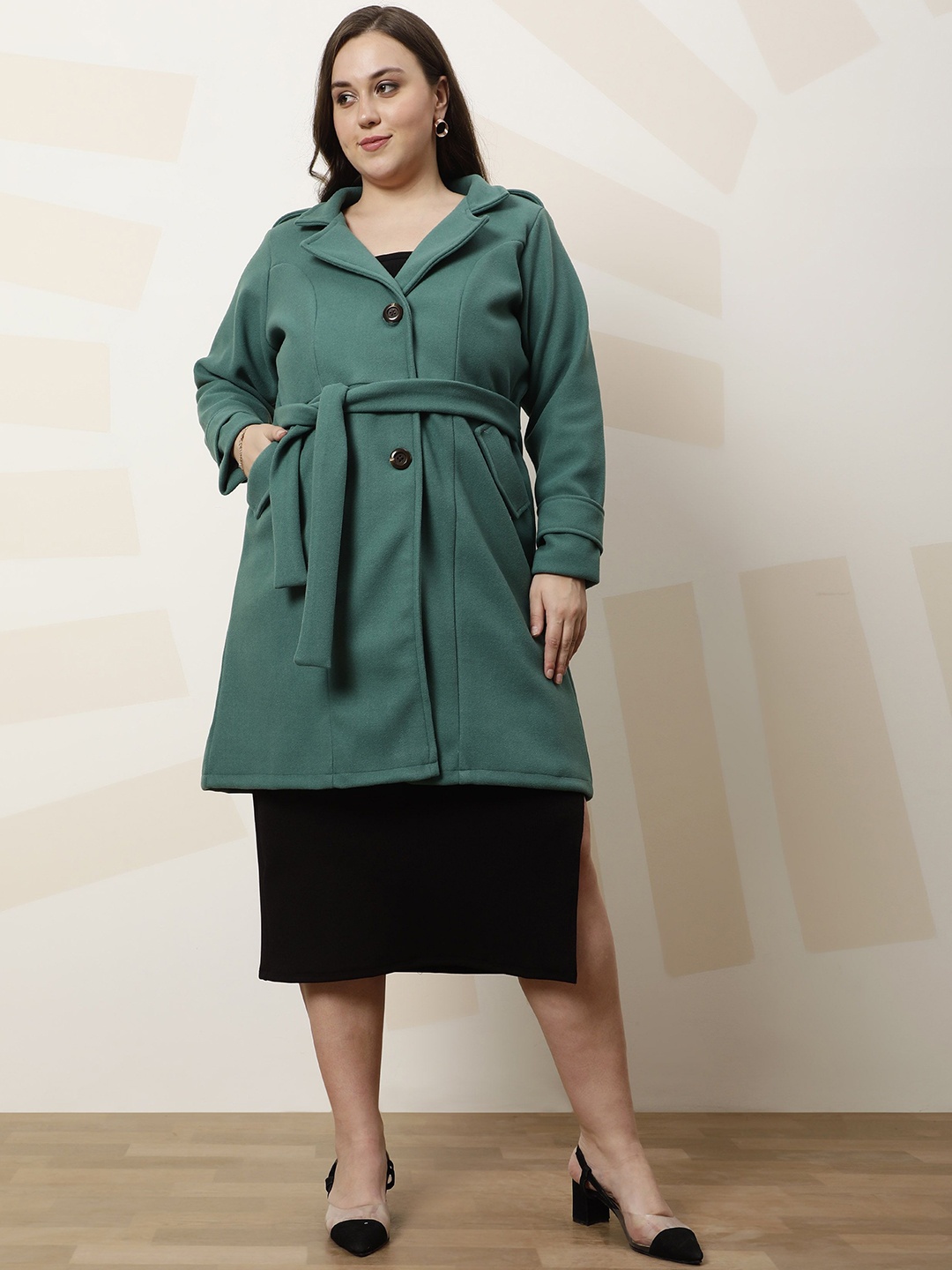 

Athena Ample Plus Size Solid Longline Notched Lapel Woolen Overcoat, Green