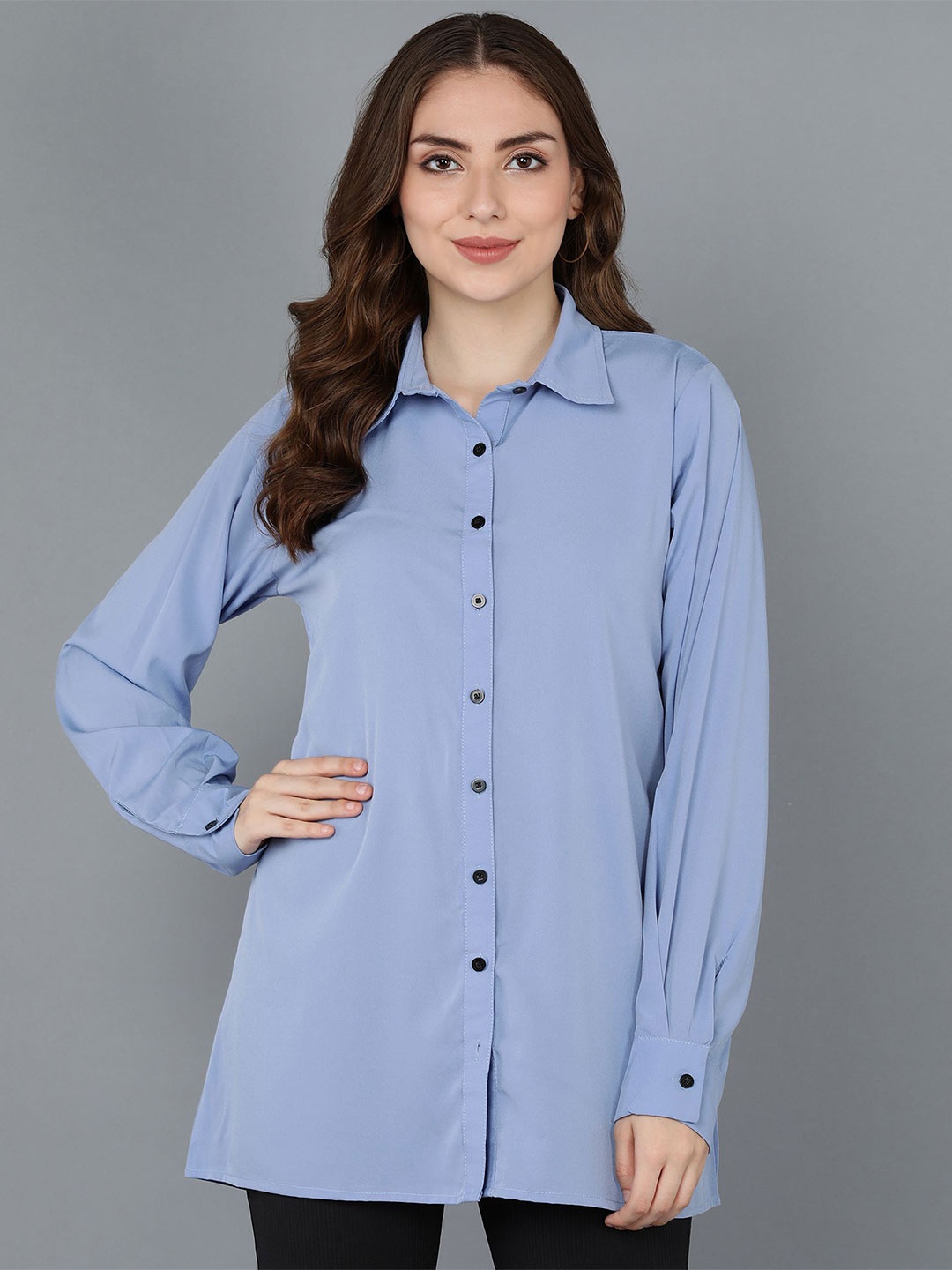 

Murcia Women Spread Collar Solid Crepe Casual Shirt, Blue