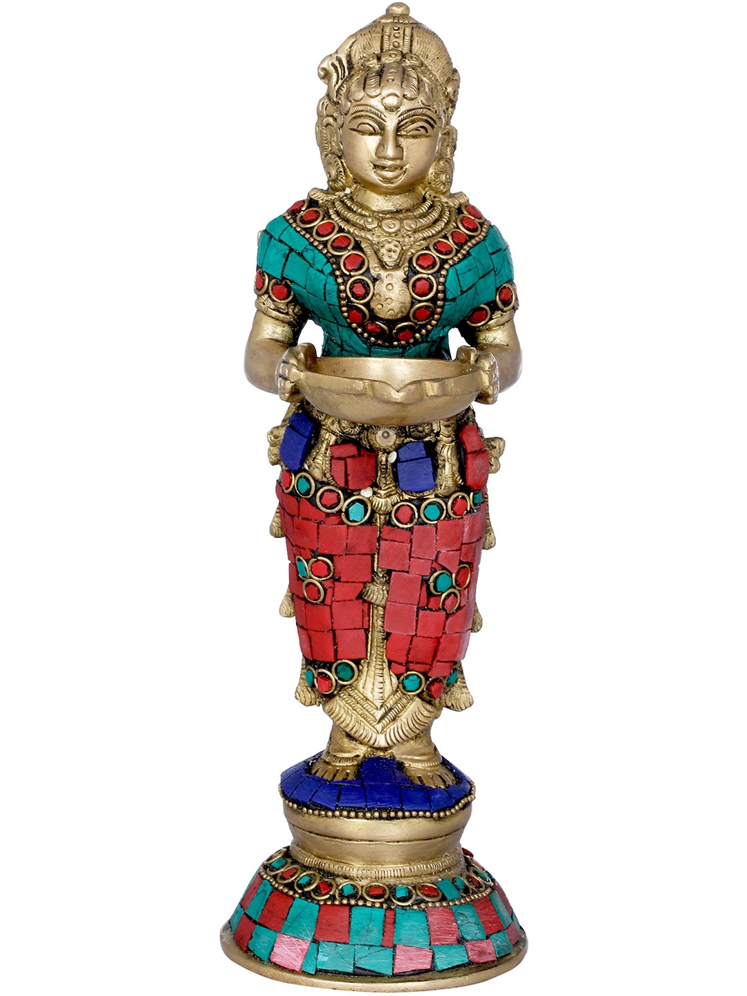 

Exotic India 9" Brass Deepalakshmi with Inlay Work, Gold