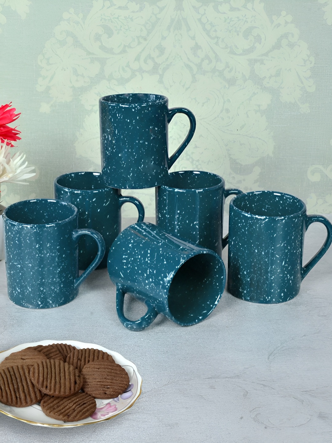 

FABINALIV Set of 6 Blue & White Handcrafted Ceramics Glossy Mugs