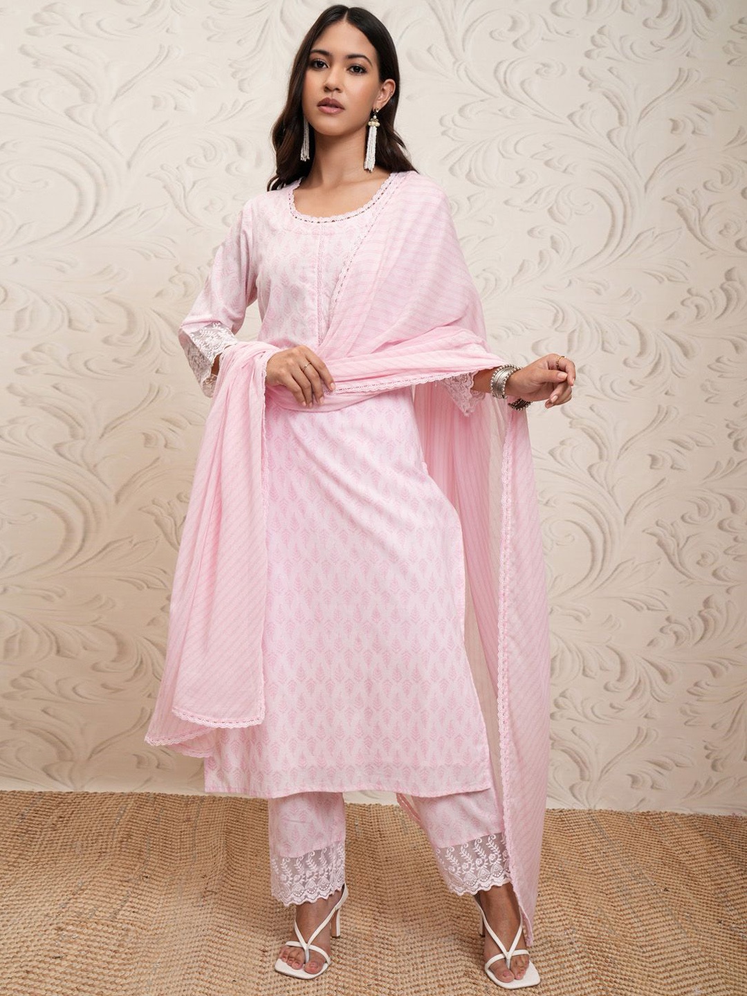 

Vishudh Pink Ethnic Motifs Printed Lace Inserts Pure Cotton Kurta With Trousers & Dupatta