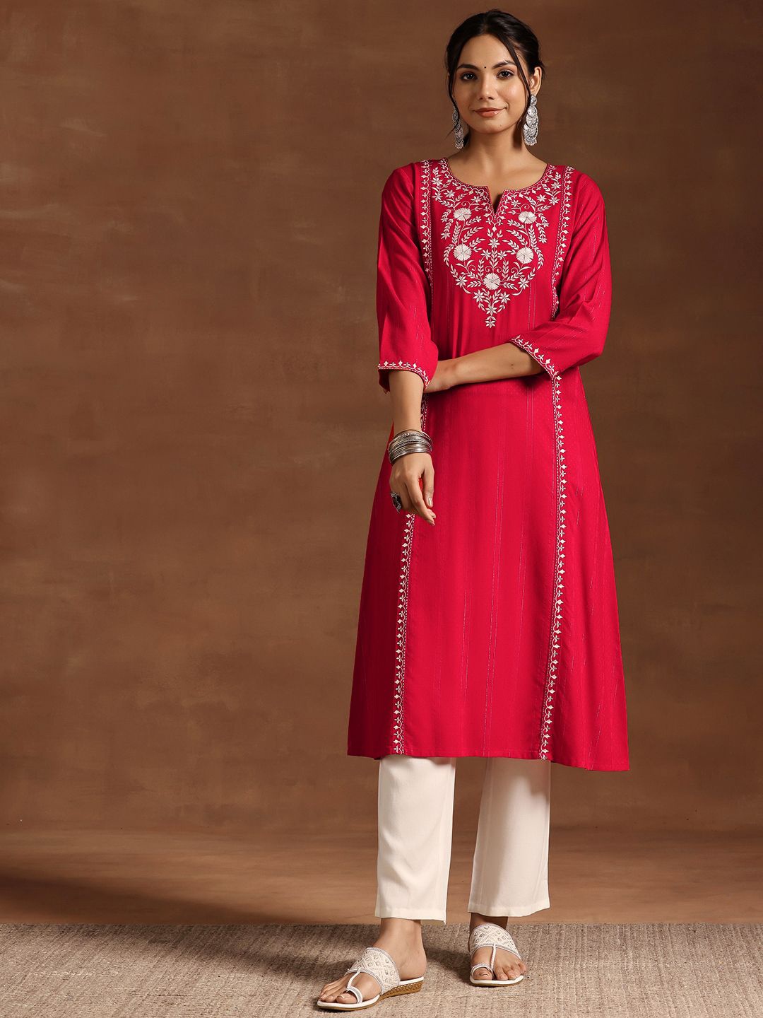 

Libas Floral Yoke Design Thread Work Straight Floral Kurta, Red