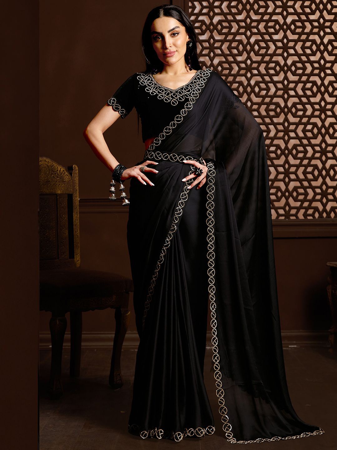 

Anouk Women Beads and Stones Saree With Embellished Border, Black