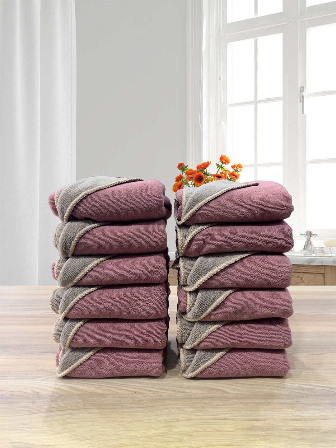 

LABHAM Euphoria Mauve & Grey 12 Pieces Linen 450 GSM Reversible Hand Towel