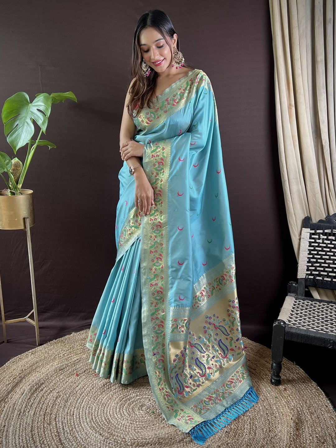 

Divyadham Textiles Ethnic Motifs Zari Pure Silk Paithani Saree, Turquoise blue