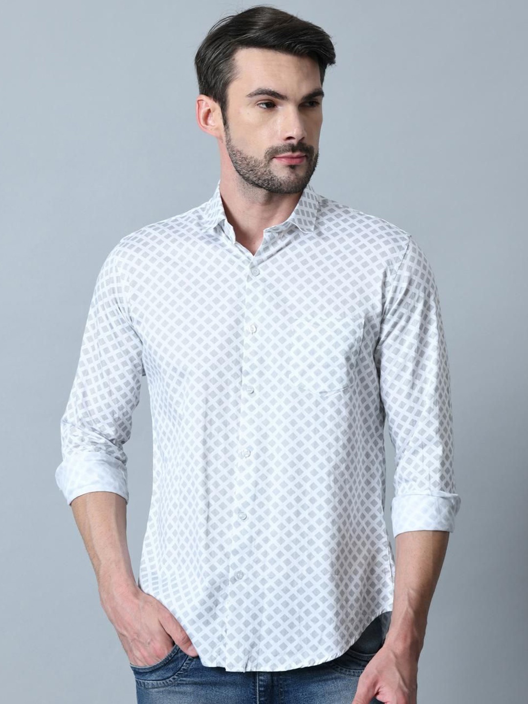 

PEBCO Men Classic Spread Collar Geometric Printed Cotton Slim Fit Casual Shirt, White