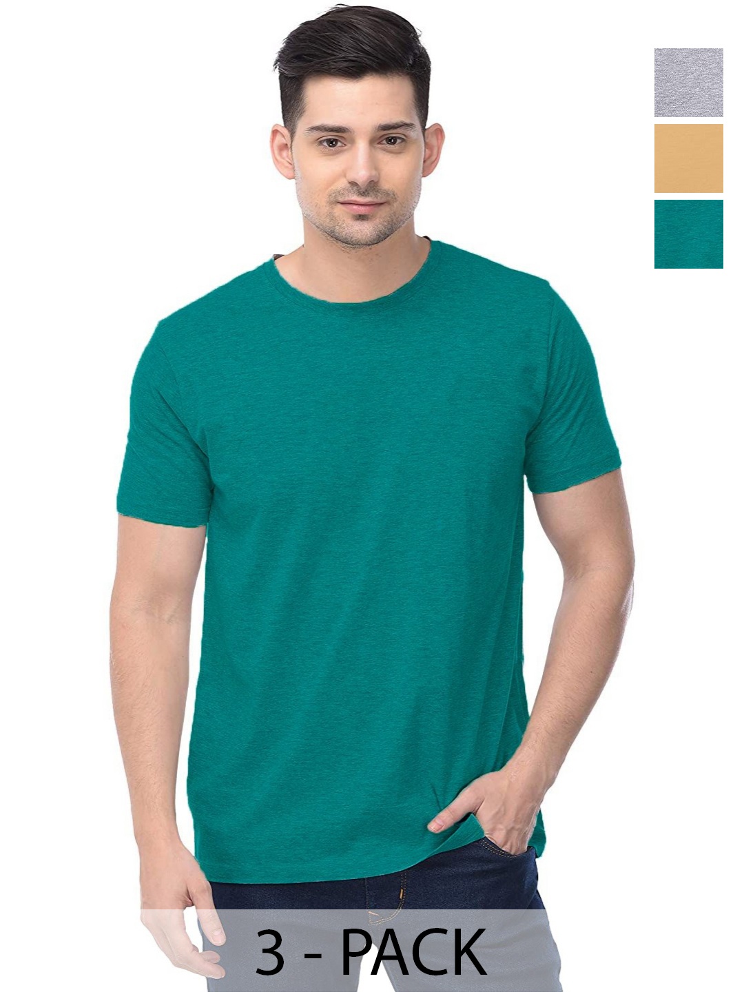 

COLOR CAPITAL Unisex Pack Of 3 Solid Round Neck Cotton T-shirts, Teal