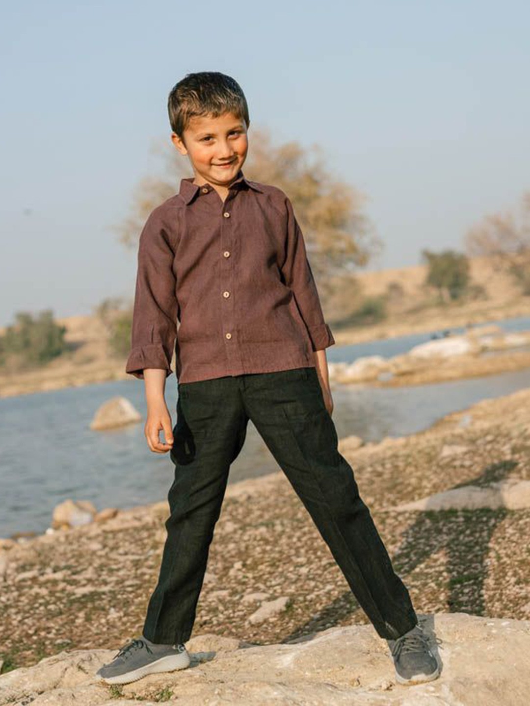 

CHI LINEN CLOTHING Boys Comfort Spread Collar Solid Linen Casual Shirt, Rust