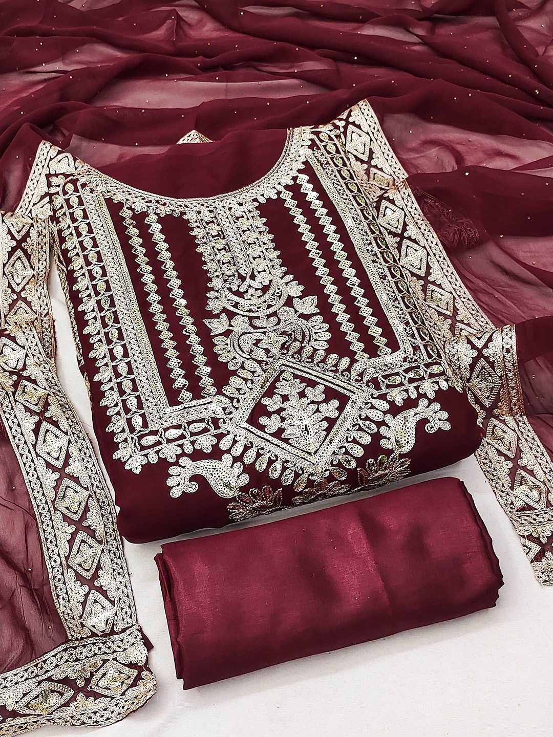 

MANVAA Floral Embroidered Unstitched Dress Material, Maroon