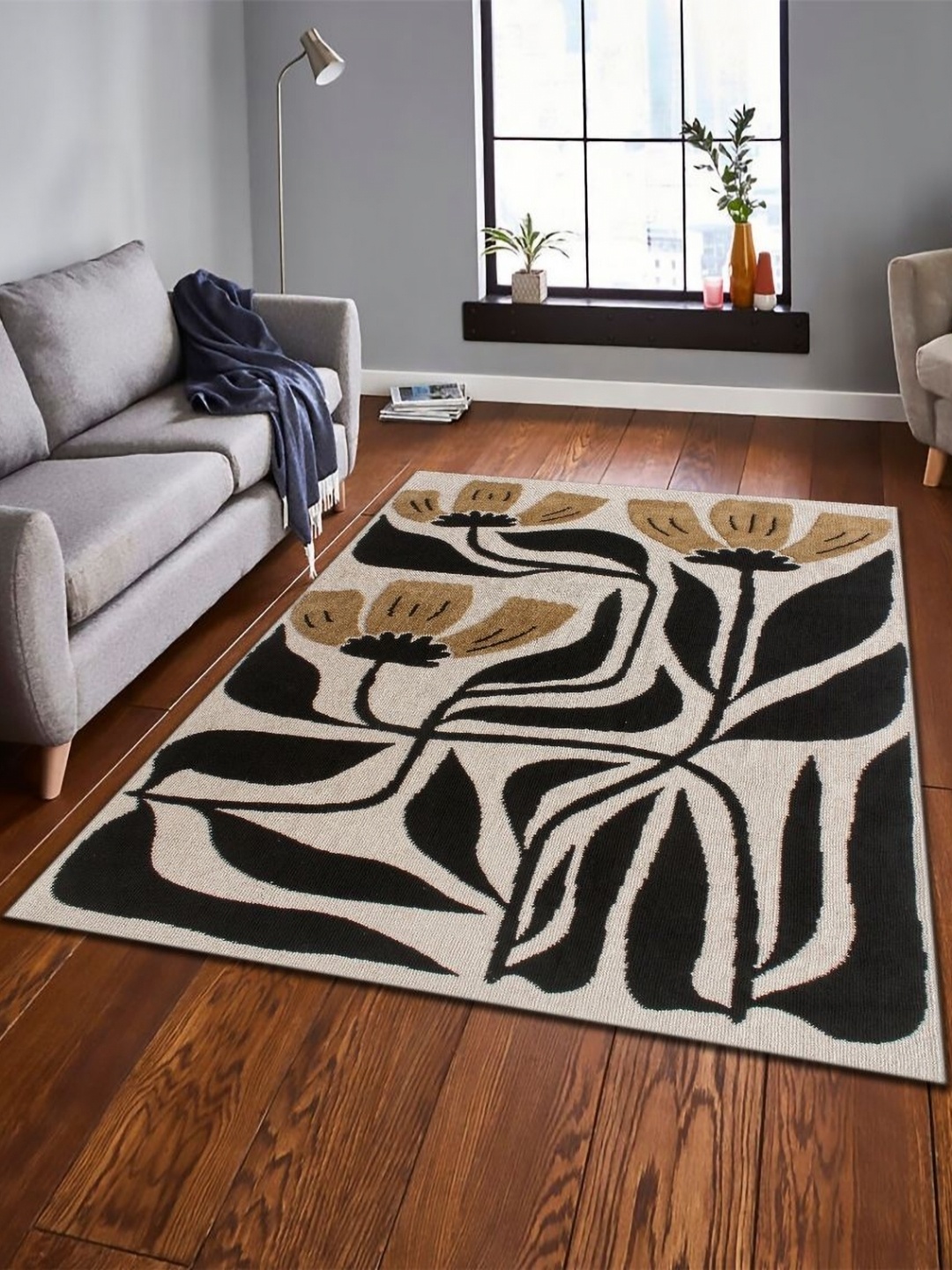 

MULTITEX Camel Brown & Grey Floral Anti Skid Rectangular Carpet