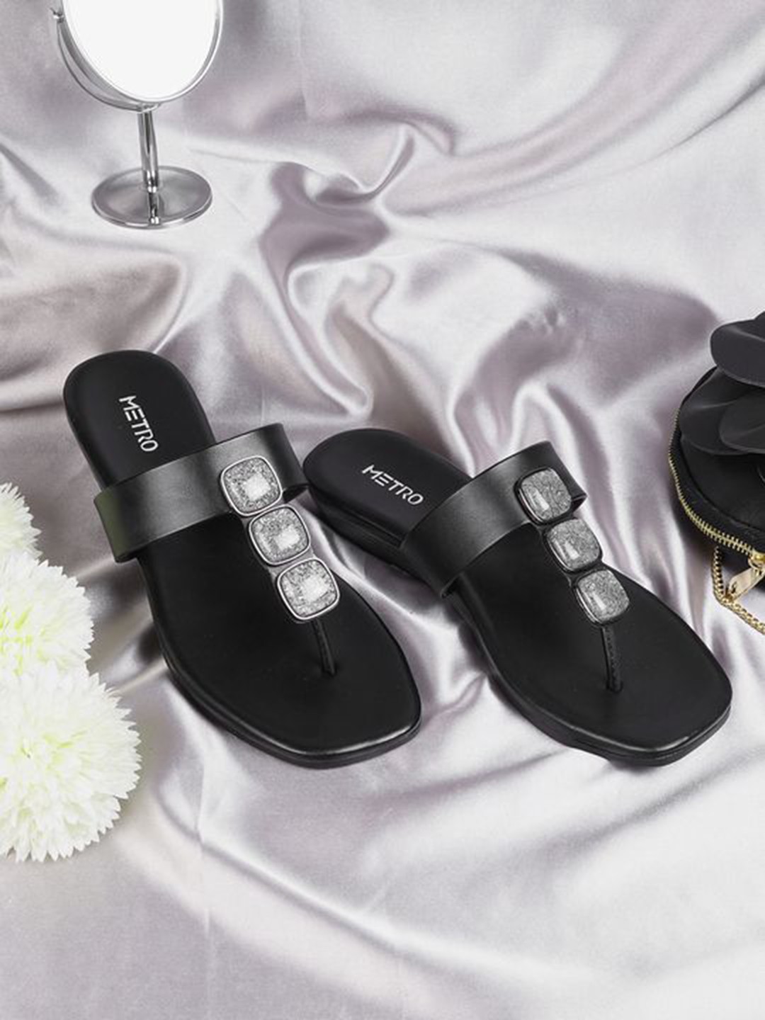 

Metro Embellished Synthetic Comfort Heel Sandals, Black