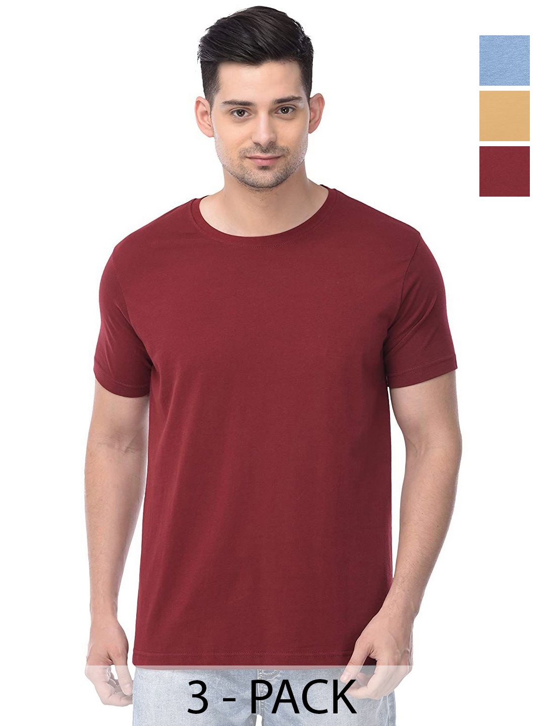

COLOR CAPITAL Unisex Pack Of 3 Solid Round Neck Cotton T-shirts, Maroon