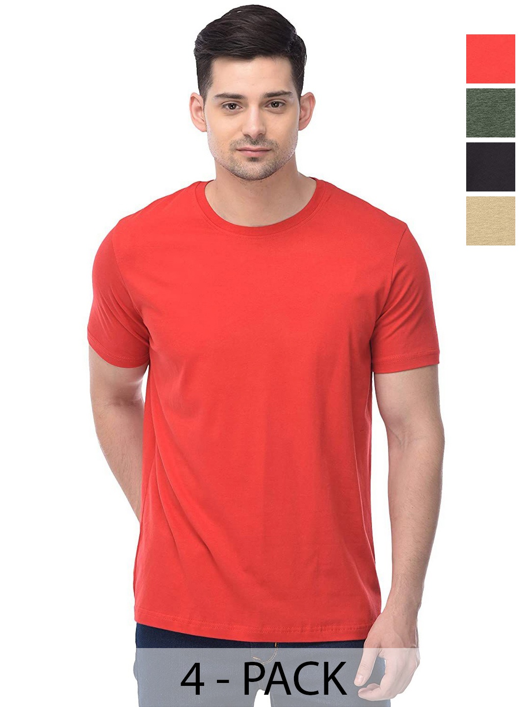 

COLOR CAPITAL Unisex Pack Of 4 Solid Round Neck Cotton T-shirts, Red