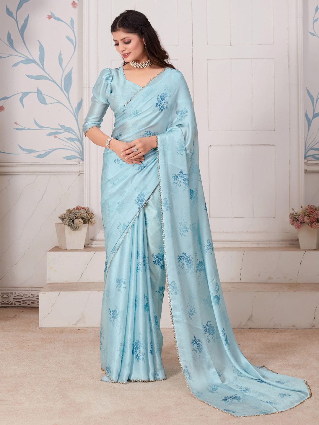 

Anouk Floral Beads and Stones Satin Saree, Blue