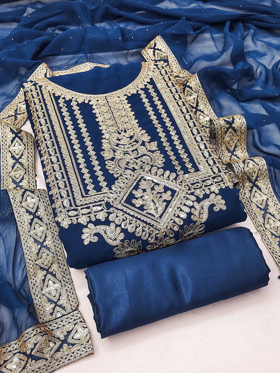 

MANVAA Ethnic Motifs Embroidered Unstitched Dress Material, Navy blue