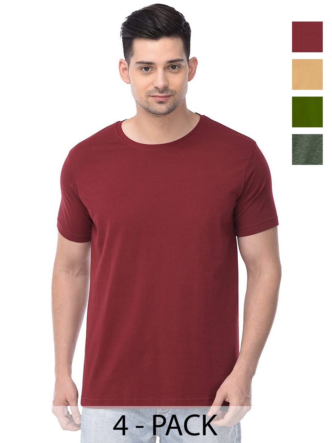 

COLOR CAPITAL Unisex Pack Of 4 Solid Round Neck Cotton T-shirts, Maroon