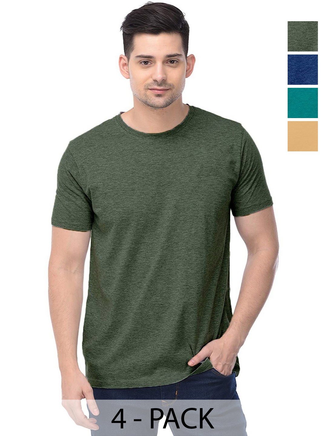 

COLOR CAPITAL Unisex Pack Of 4 Solid Round Neck Cotton T-shirts, Green