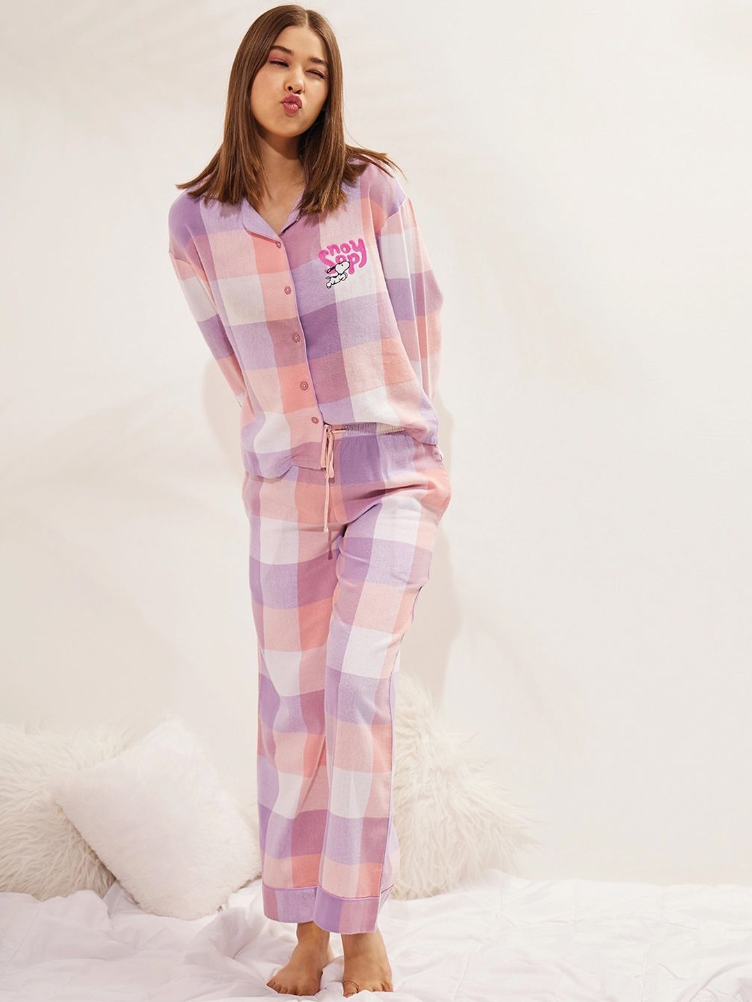 

Sweet Dreams Snoopy Checks Pyjama Set, Peach