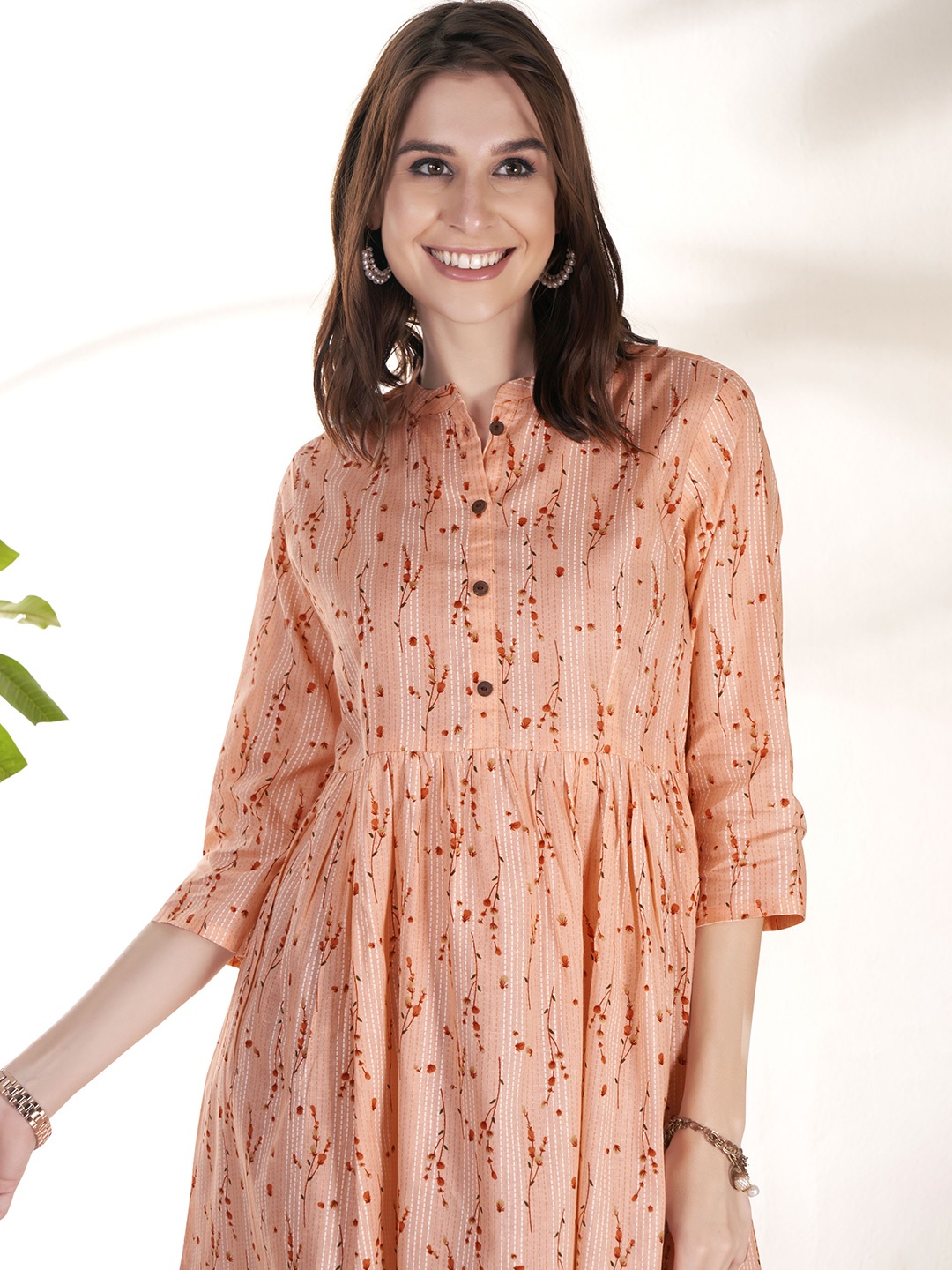 

Anouk Ethnic Motifs Printed Pure Cotton Pleated Kurti, Peach