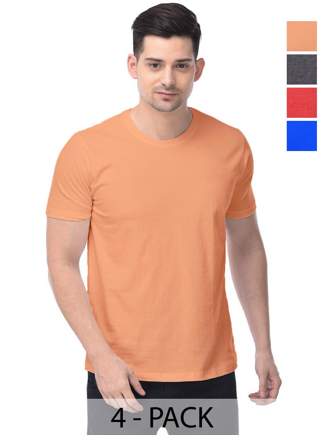 

COLOR CAPITAL Unisex Pack Of 4 Solid Round Neck Cotton T-shirts, Orange