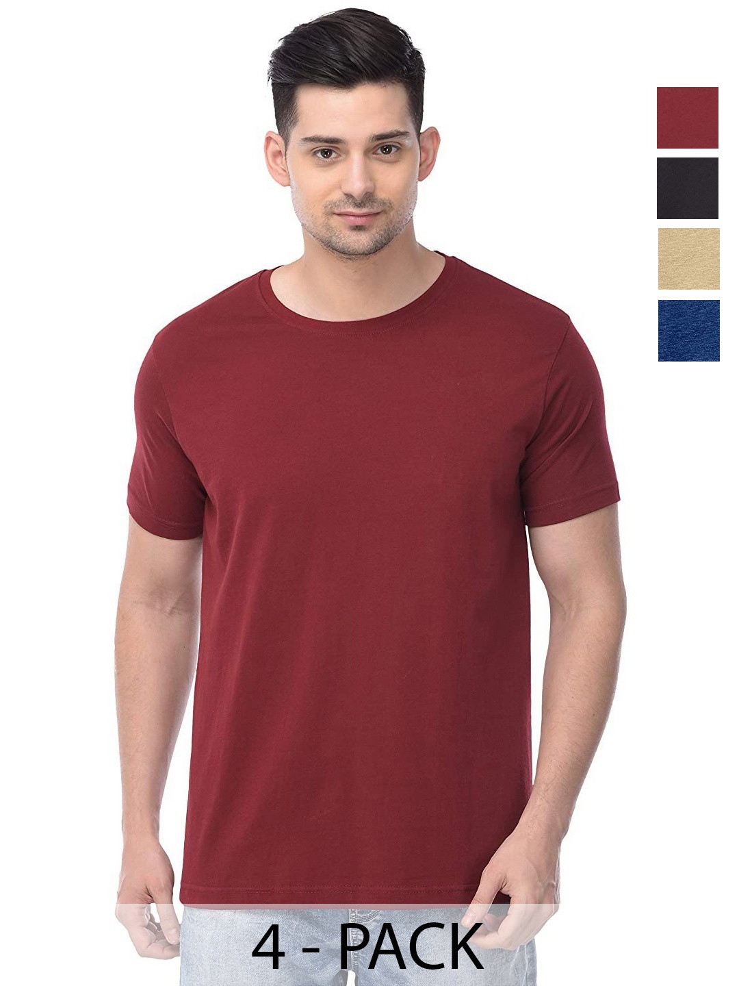 

COLOR CAPITAL Unisex Pack Of 4 Solid Round Neck Cotton T-shirts, Maroon