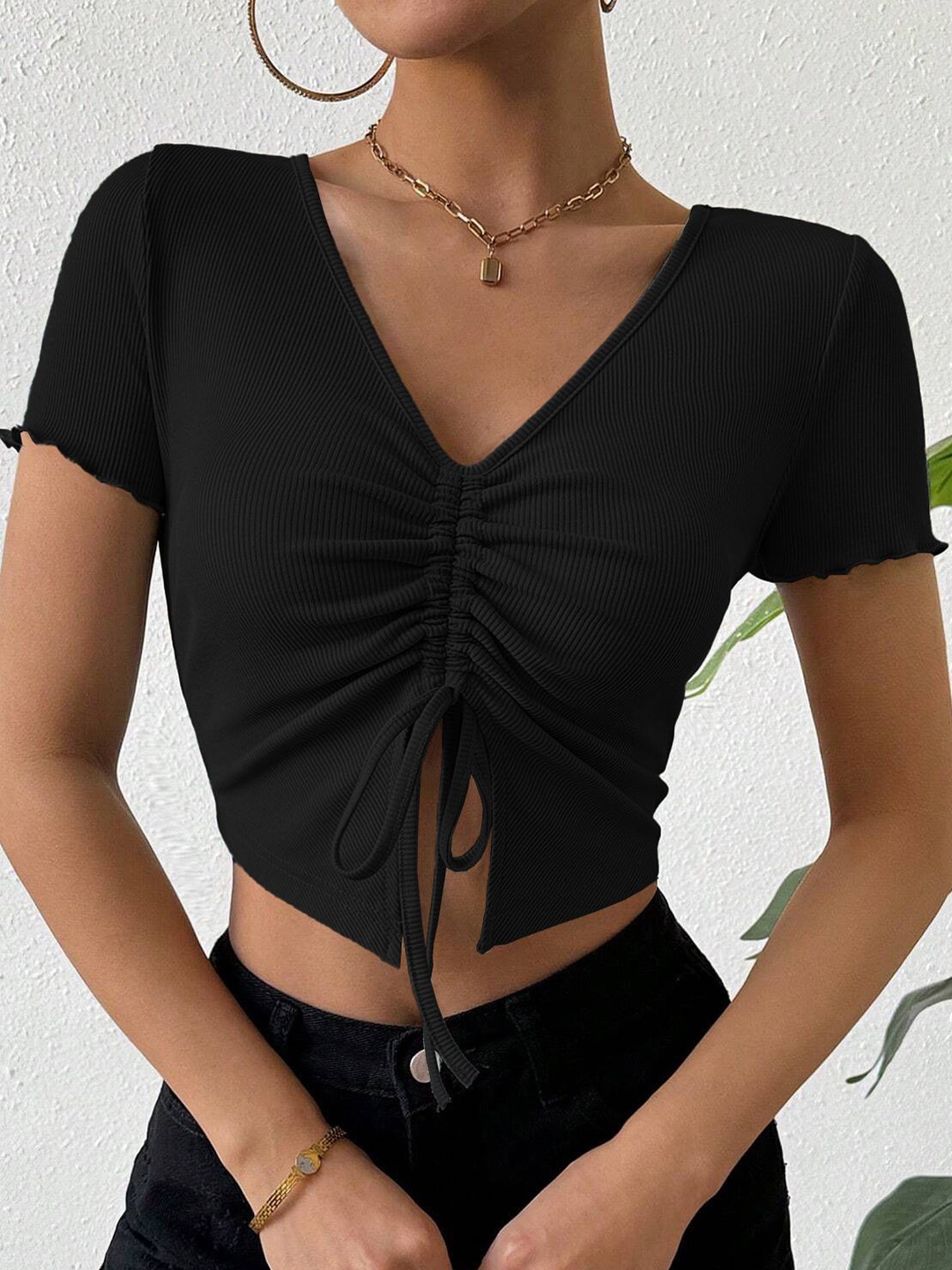 

StyleCast Women Solid V-Neck Top, Black
