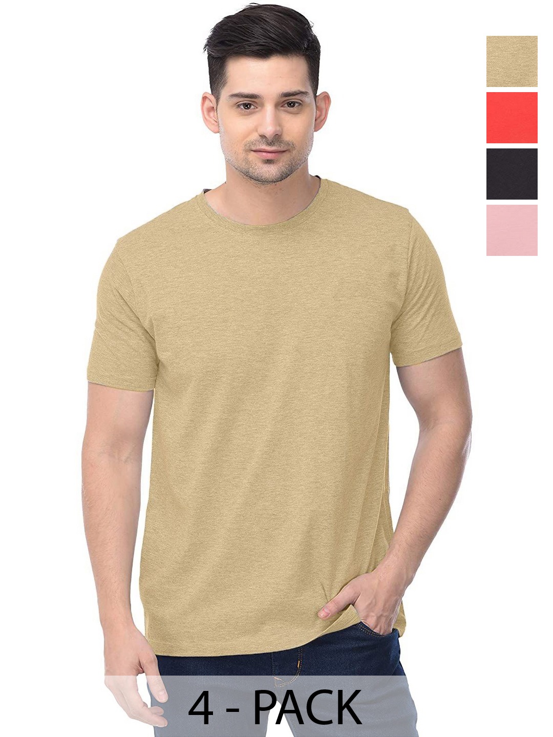 

COLOR CAPITAL Unisex Pack Of 4 Solid Round Neck Cotton T-shirts, Cream